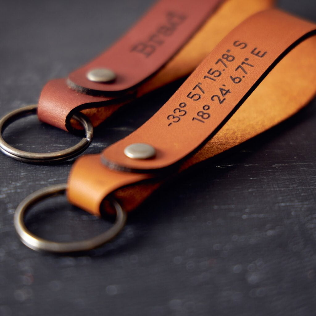 Personalised leather loop keyring showing leather detail